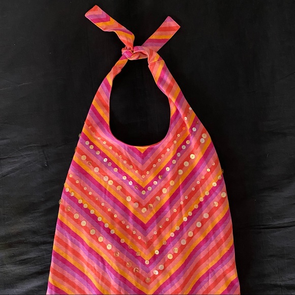 Halter Sequin Dress Orange Purple Peach Gold Tie - Picture 5 of 11